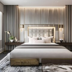 5 A luxurious, mid-century modern-inspired bedroom with a mix of neutral and metallic finishes, a large upholstered headboard, and a mix of textured and solid bedding5, Generative AI