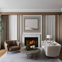 11 A transitional-style living room with a mix of wooden and neutral finishes, a classic fireplace mantel, and a mix of patterned and solid throw pillows2, Generative AI