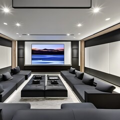 Fototapeta premium 15 A contemporary, minimalist home theater with a mix of black and glass finishes, a large projection screen, and a mix of comfortable seating options3, Generative AI