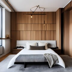 16 A sleek, modern-style bedroom with a mix of white and wood finishes, a low platform bed, and a large, statement pendant light5, Generative AI