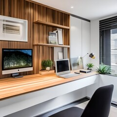 15 A contemporary, minimalist home office with a mix of white and wood finishes, a large, wall-mounted desk, and a mix of open and closed storage4, Generative AI
