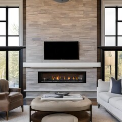 11 A transitional-style living room with a mix of wooden and neutral finishes, a classic fireplace mantel, and a mix of patterned and solid throw pillows4, Generative AI