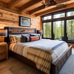 10 A cozy, cabin-inspired bedroom with a mix of wooden and plaid finishes, a classic log bed, and a mix of patterned and solid bedding2, Generative AI