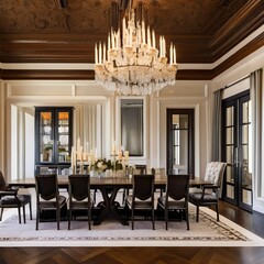 8 A traditional-style dining room with a mix of wooden and upholstered finishes, a classic candelabra chandelier, and a large, formal dining table with seating for eight4, Generative AI