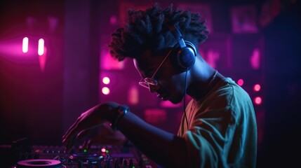 Afro African American DJ mixing music in night club with colorful light. Generative AI AIG19 - obrazy, fototapety, plakaty