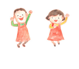ジャンプして喜ぶエプロンをつけた男性と女性の水彩イラスト