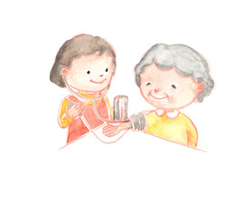 血圧を測る介護士とシニア女性の水彩イラスト