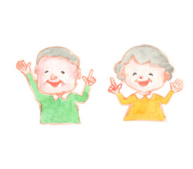 指をさすシニア夫婦の水彩イラスト