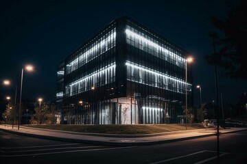 Contemporary commercial edifice with sleek and simple design. Business premises illuminated during the night. Generative AI
