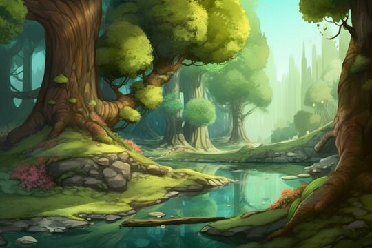 Watercolor artwork of a magical forest by a river. Cartoon character, background, wallpaper, story, and card design. Generative AI
