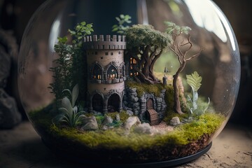 mini castle inside a glass, mini city, generative AI