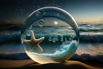 starfish inside a bubble on the beach, generative AI
