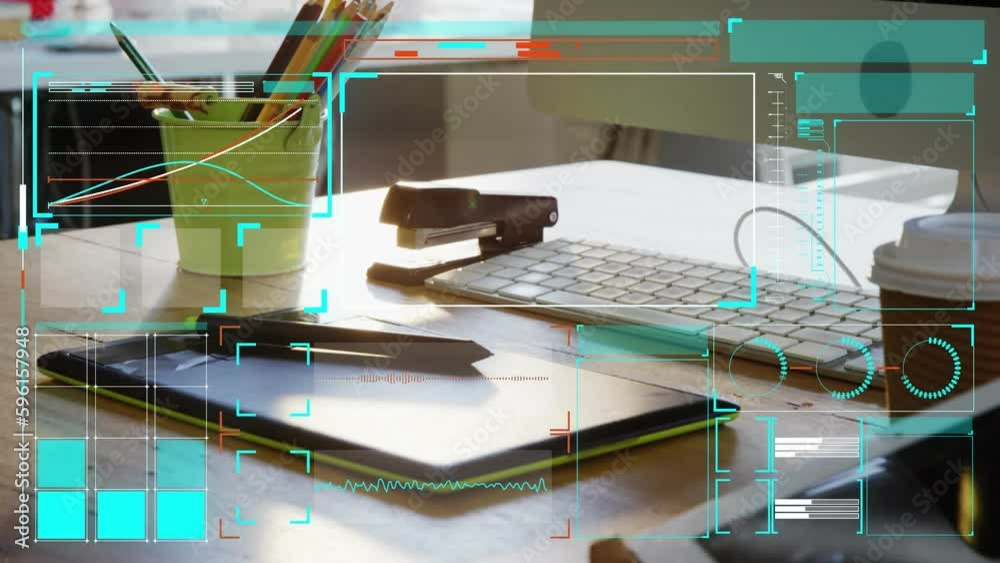 Poster animation of screens with data processing over desk in office
