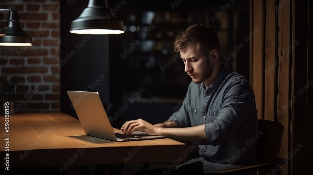 Wall mural website developer working using laptop at the office on wooden ai generate