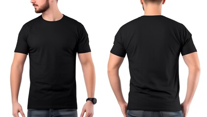 Man wearing black t-shirt front and back mockup - obrazy, fototapety, plakaty