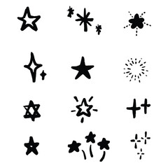 Set of new style black vector star isolated on white. Vector symbols star isolated on white background. Star icons. Twinkling stars. Sparkles, shining. 