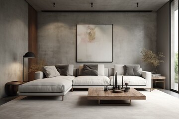 Contemporary living room with white sofa and raw concrete wall. Rendered in 3D. Generative AI