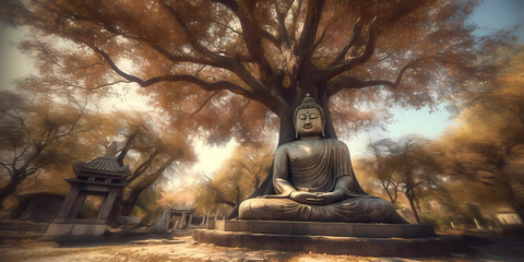 Statue of Buddha meditating under a bodhi tree. Vesak Day concept.