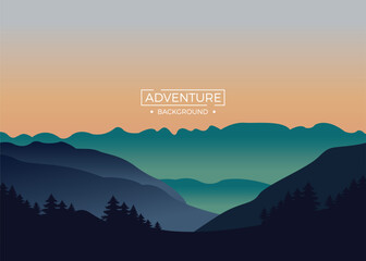 Landscape adventure mountains sunset background with red light reflection. Background illustration.	
