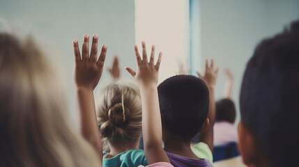 Eager Learners: Group of Kids in a Classroom Raising Their Hands