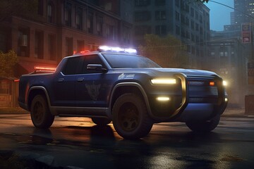 Illustration of lightning electric police pickup truck used by FBI, NYPD and special ops with expedition SSV. Keywords: police, pickup, electric, FBI, NYPD, special ops, expedition,. Generative AI - obrazy, fototapety, plakaty