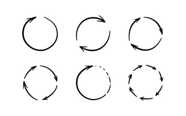 Fototapeta premium Round doodle arrows. Hand drawn circle arrow icons set. Recycle sketch signs. Repeat graphic line symbols. Vector doodle illustration isolated on white background.