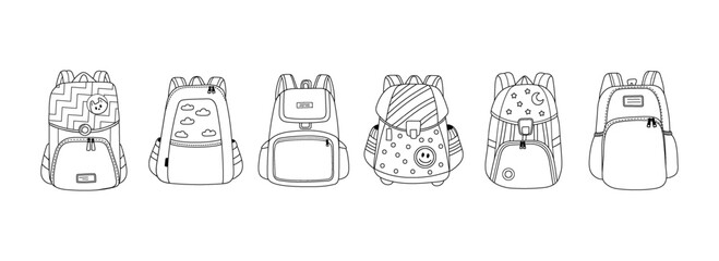 School backpack set for firts grader.Vector illustration in line style. - obrazy, fototapety, plakaty