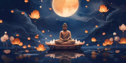 Buddha meditates on a lake with glowing lotus flowers. Vesak Day concept.