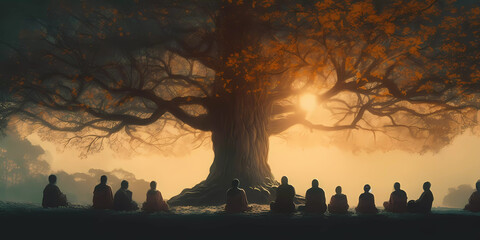 People praying and meditating under a bodhi tree. Vesak Day concept. 