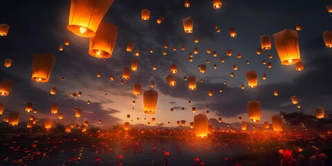 Countless wishing lanterns floating into the sky on Vesak Day. Night.