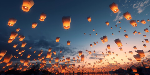 Countless wishing lanterns floating into the sky on Vesak Day. Evening.