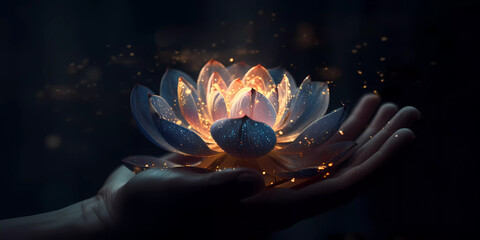 Illuminating Purity: Glowing White Lotus Held on Vesak Day