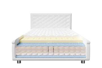 3d layered sheet material mattress with air fabric, pocket springs, natural latex, memory foam isolated. 3d render illustration