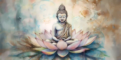 Zelfklevend Fotobehang Abstract art of Buddha meditating on a lotus flower. Pastel light colors. Vesak Day concept. © ChoccoDomo