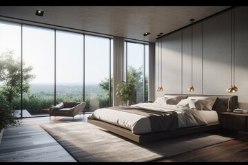 Contemporary bedroom with expansive floor-to-ceiling windows. Generative AI
