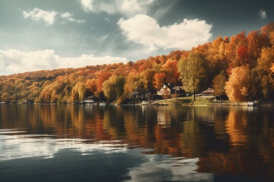 Autumn landscape of Keuka Lake in New York. Generative AI