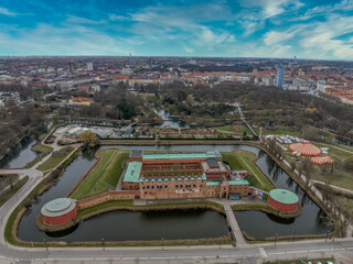 Aerial view of Malmo castle (Malmohus) in Scania Sweden, medieval citadel with round cannon towers,...