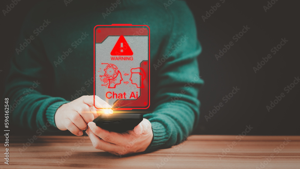 Poster Man using a smartphone chatting with a smart AI using an artificial intelligence chatbot with triangle caution warning sign for notification error concept. Chatbot with AI, Artificial Intelligence.