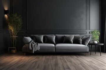 Modern interior with black charcoal wall, velvet sofa and pillows. Empty space above. 3D render. Generative AI