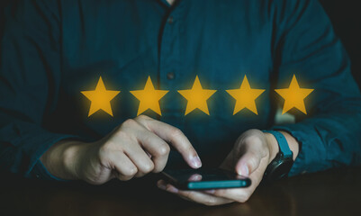 Customer feedback and review, people pressing smartphone for Assessment and feedback by select five...