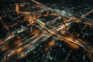 Fototapeta na wymiar Night view of city interchange and traffic from above. Generative AI