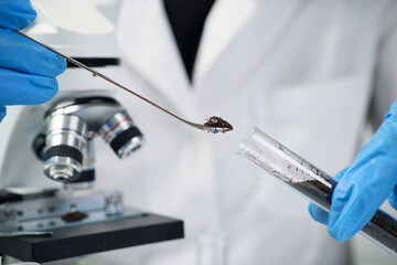 Fototapeta premium Scientist takes black soil from test tube with little spoon