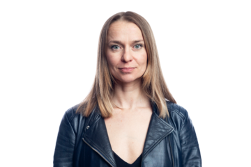 Pretty smiling woman in a black leather jacket with a calm expression. Without background. Close-up.