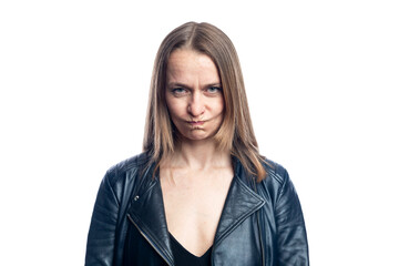 Angry young woman in black leather jacket.. Without background. Close-up.