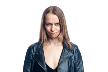 Angry young woman in black leather jacket.. Without background. Close-up.