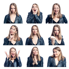 A collage of images of a young woman in a black leather jacket with different emotions. Set, square...