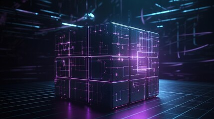 Obraz premium 3d rendering of black cubes with purple neon lights on black background.Generative Ai