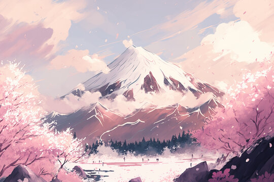 a painting with the name of fuji, in a pink color, in the style of anime art, mysterious backdrops, soft, muted palette, snow scenes