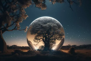 Photo sur Plexiglas Pleine Lune arbre A tree inside a globe with a moon background and imagined life on the lunar surface. Generative AI