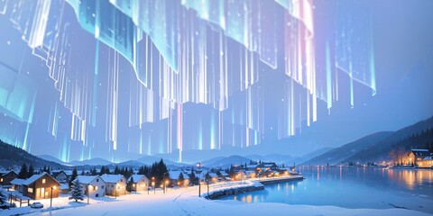 Fototapeta na wymiar anime style background, winter landscape aurora, mountain, village, lake, europe, snow, Alps, norwegian nature, night, generative ai, generative, ai